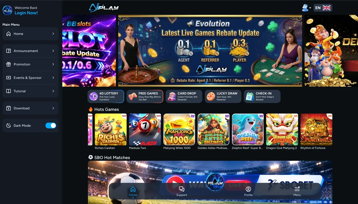Lobi AIPLAY pada desktop: promosi pilihan, permainan hangat dan karusel perlawanan SBO