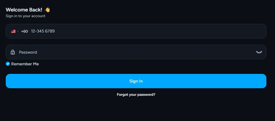 Skrin log masuk AIPLAY: medan nombor telefon dengan awalan +60, medan kata laluan, Ingat Saya dan butang Log Masuk