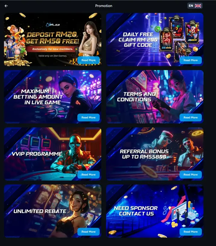 Halaman Promosi di dalam AIPLAY: lapan jubin, antaranya Deposit RM20 Get RM50 Free, Daily Free Claim RM200 Gift Code, VVIP Programme, Referral Bonus up to RM55800 dan Unlimited Rebate